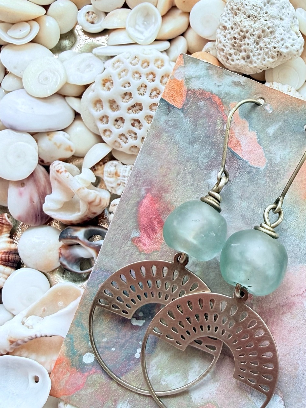 African Sea Glass with Patteren Hoop Drop Earrings
